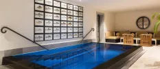 Low rectangular swimming pool next to a wooden seating area and a wall full of framed fish pictures