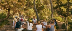 Group of men and women sit in a circle in a forested area