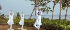 Three people in white Indian dress practice yoga outside in a waterfront garden 