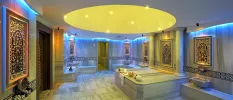 Turkish bath with intricate tiles, a domed ceiling design, stone seating and columns
