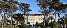 Palacio Estoril's grand white exterior, framed by greenery including tall trees under a blue sky