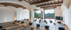 Large room with cushions and yoga mats lined up, and a window with a view of green hills outside