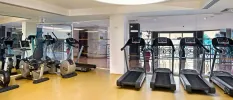 Gym studio with floor-to-ceiling windows and mirrors lined with treadmills and bikes