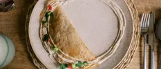 Tortilla wrap folded over in half on a white plate drizzled with a white sauce