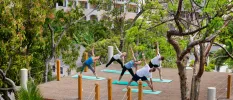 Group practice yoga on green mats on in a courtyard surrounded by greenery