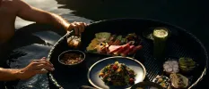 Man holding a floating breakfast tray in a pool, laid up with fruit, yoghurt, a green smoothie and iced coffee