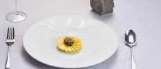 Beautifully presented food in the shape of a yellow flower