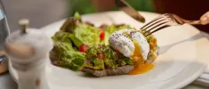 Crusty bread topped with avocado, peppers, red onion and poached egg