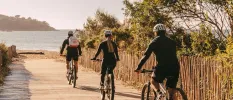 Three people in helmets and active wear cycle towards the sea along a pathway lined with greenery