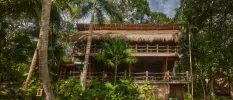 Jungle greenery surrounded a two-storey wooden building