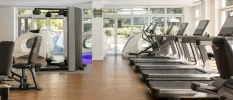 Gym with white walls, wooden floors and ceiling spotlights, with treadmills, weight machines and other equipment 