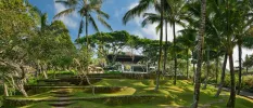 Green-cloaked terraced steps covered in trees and palms, leading down from a pool terrace