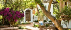 Whitewashed courtyard with a dark-wood door, purple bougainvillea, Arabic-style window shutters and a table and chairs  
