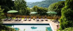 Outdoor swimming pool in a sunny terrace, surrounded by loungers, green umbrellas and greenery