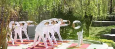 Group in white clothing stretching on yoga mats with an instructor, surrounded by tropical greenery