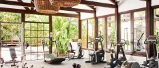 Gym with white walls, wooden beams and full-length windows and doors equipped with treadmills and bike machines
