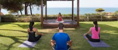 Three people in active wear practice yoga on mats in an ocean-facing garden, as an instructor leads from a wooden cabana at the front of the class