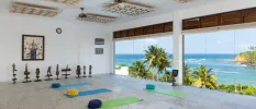Beachfront yoga shala with floor-to-ceiling windows, bronze statues, dark-wood shutters and ceiling fans