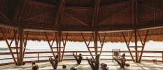 Group of flexible woman holding their ankles while stretching their legs upwards, on mats in an open-air thatched-roof pavilion