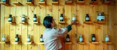 Woman reaching for herbs from a wall with shelves filled with herb bottles