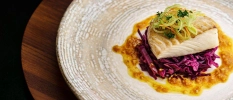 A plate with a white grilled fish that sits on red cabbage