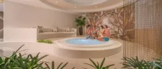 Two couples sit on the edge of a whirlpool bath next to a neutral sofa and palms with a mosaic tiled wall behind them