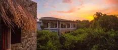 Stone buildings among the rainforest as the sun sets in the sky above