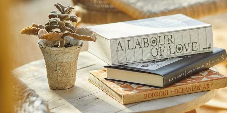 Books piled on a whitewashed wooden table next to a potted plant