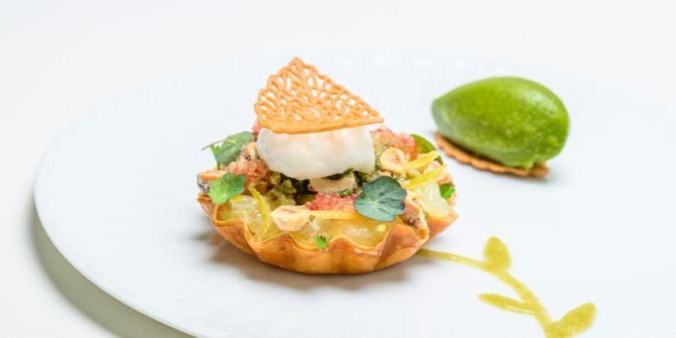 Gourmet dish made up of meat, potato and truffle